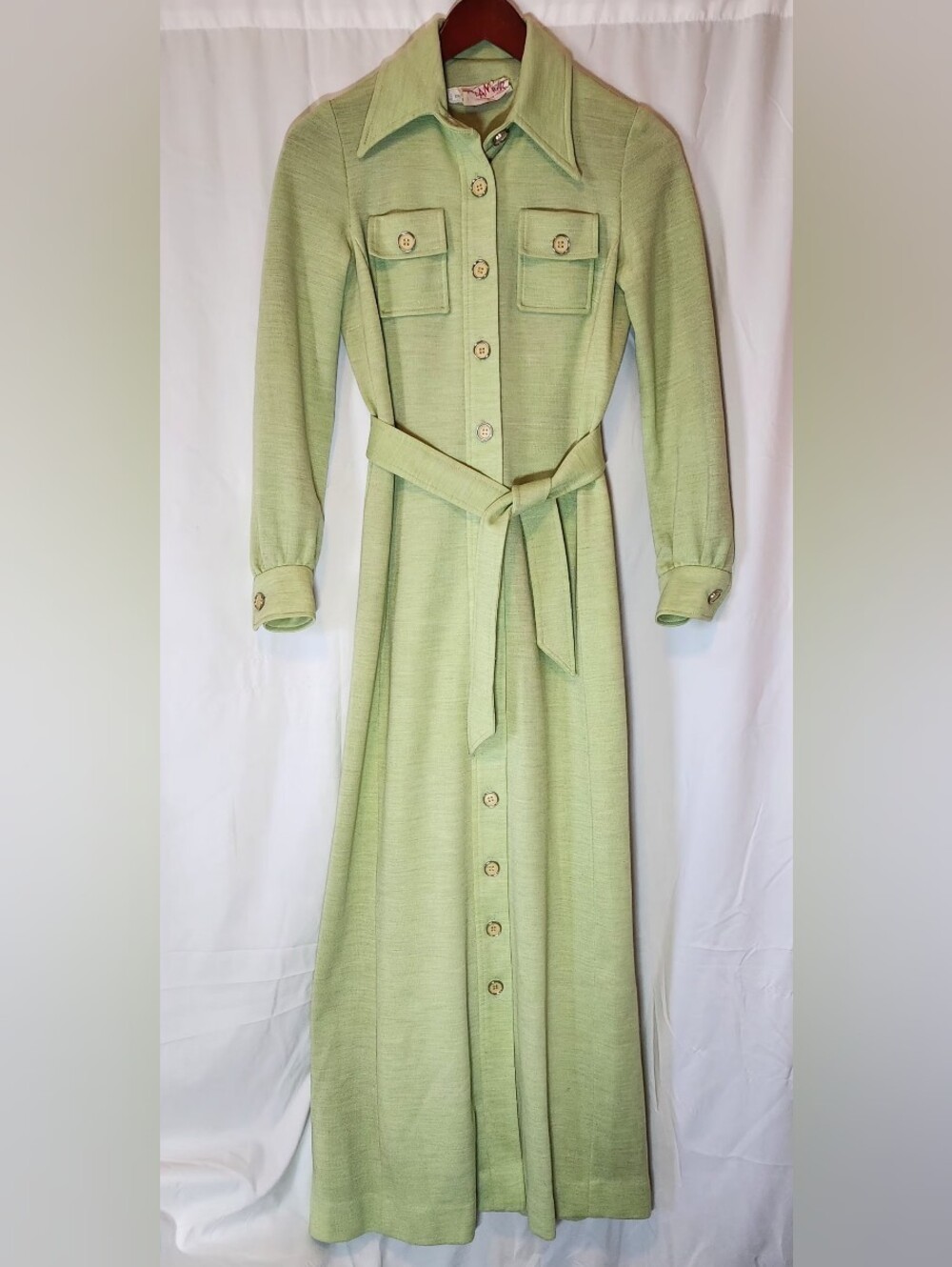 Vintage 1970's Light Sage Maxi Shirt Dress By Alamore New York Size 7-8 (READ)